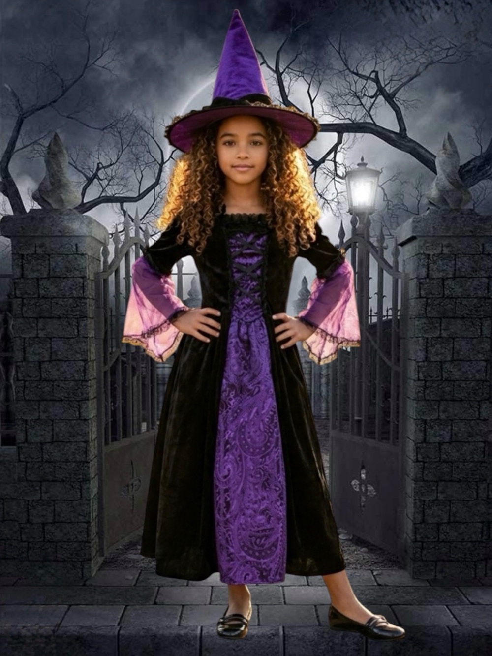 Purple and Black Witch Halloween Costume with Pointed Hat